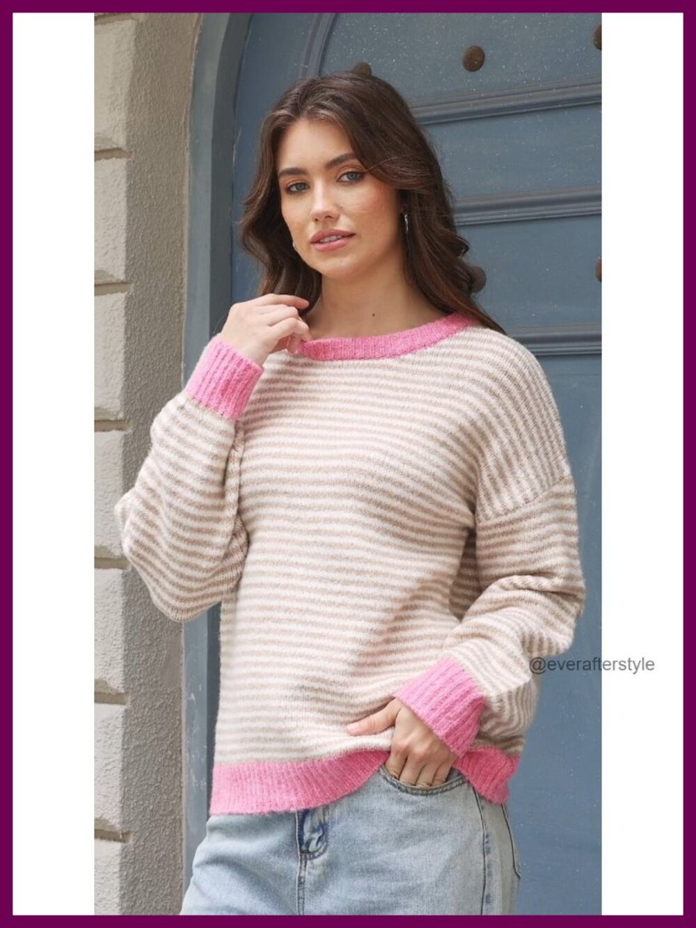 Striped Color Block Knit Pullover Sweater Loose Fit Crewneck Long Sleeve - Picture 6 of 6